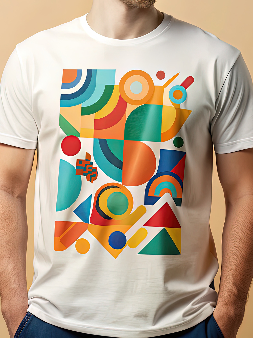 Vibrant multi-colored graphic print on a white customized t-shir