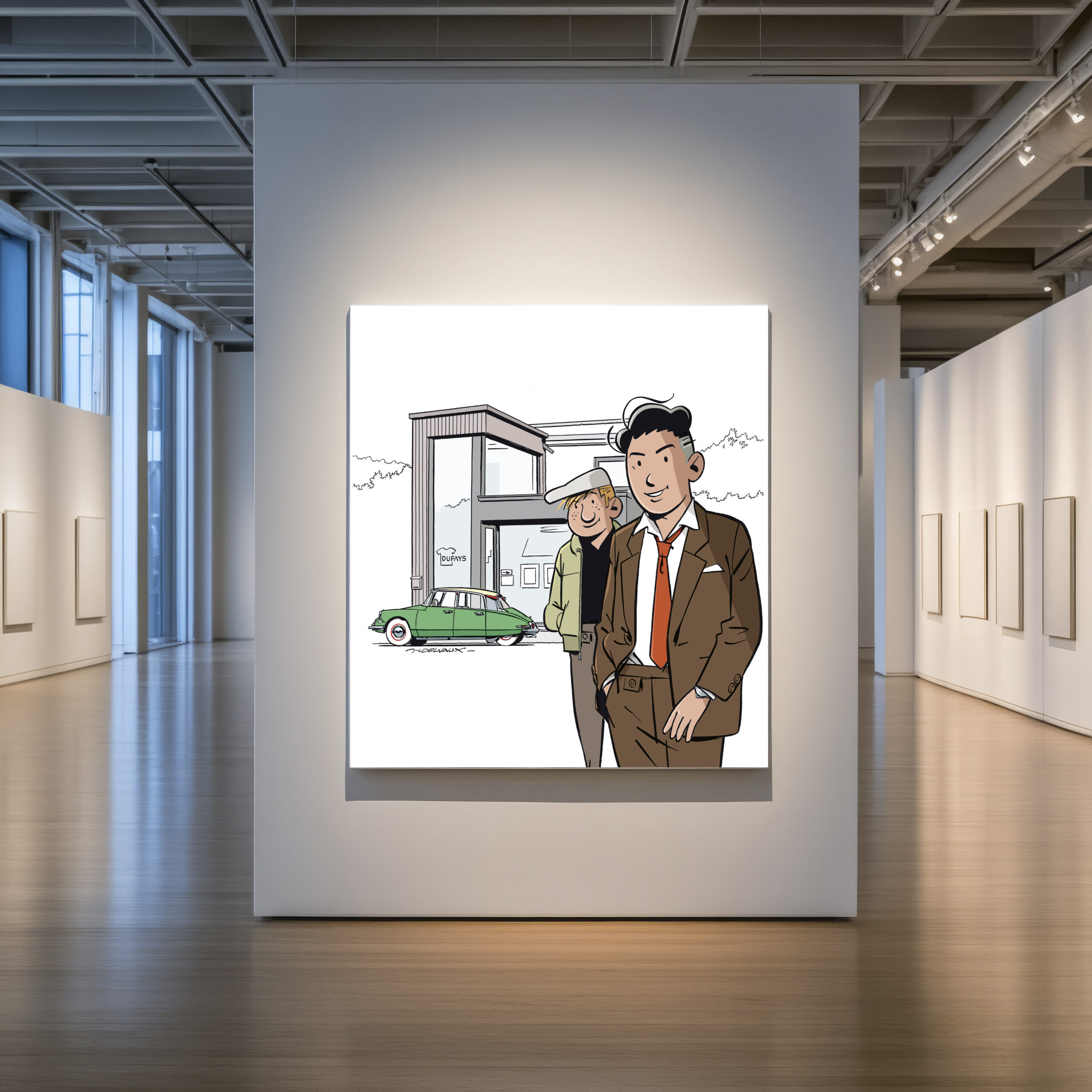 A blank canvas hangs on a white wall in an art gallery, surrounded by other artwork.